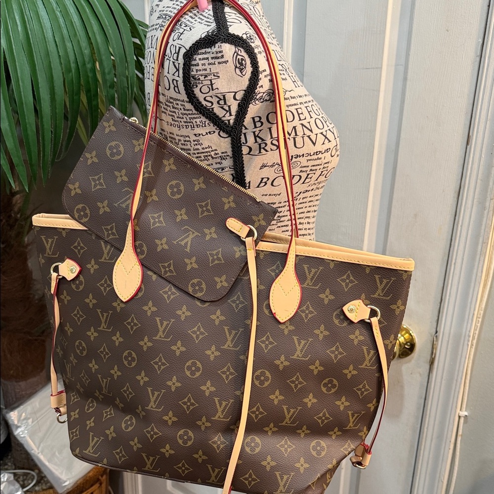Monogram Canvas Brown Tote Bag with Pouch